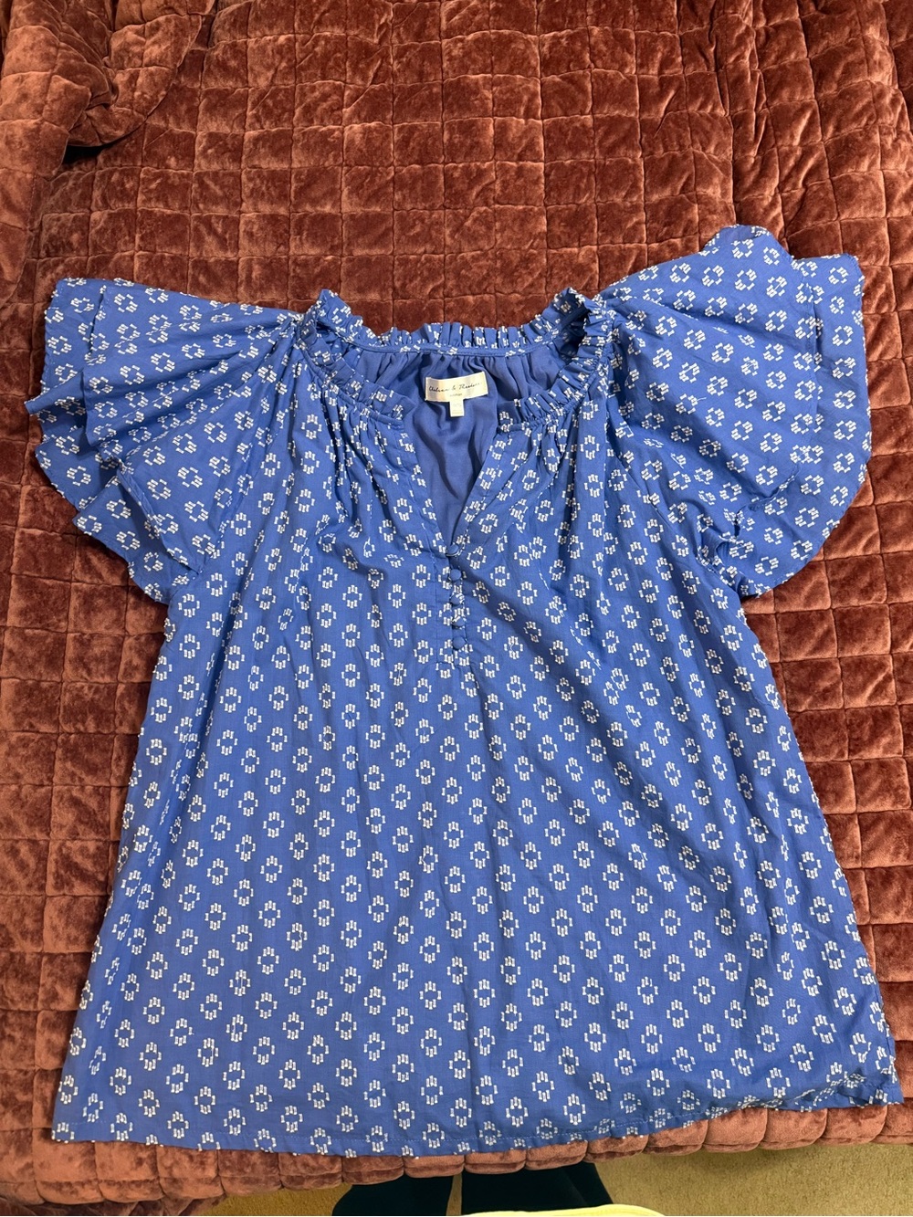 Chelsea & Theodore Blue Floral Peasant Blouse with Ruffle Sleeves